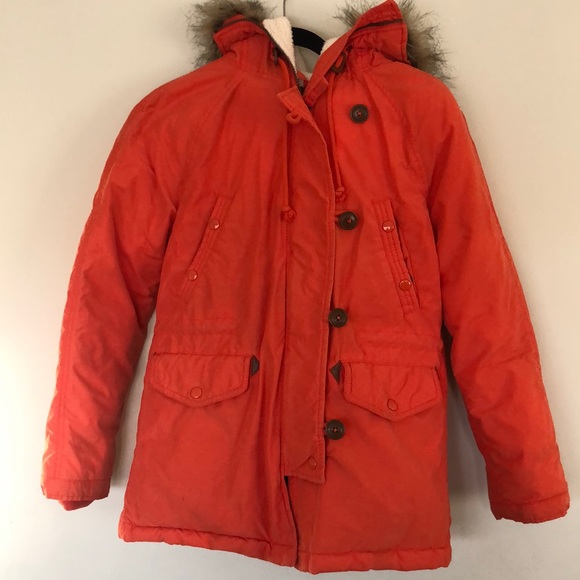 WHO.A.U Orange Coat Parka anorak with faux fur lined hood size S - Picture 1 of 11